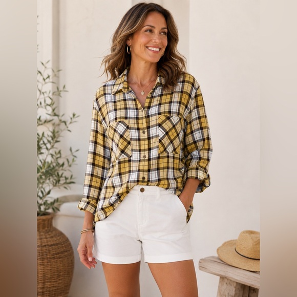 Sanctuary Tops - Sanctuary yellow and white plaid long sleeve button down shirt